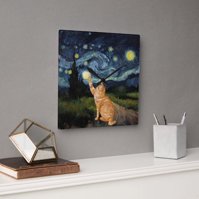 Gogh Kattunge Starry Night Cat Fyrkantig Klocka (Kontor)