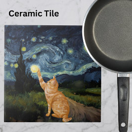 Gogh Kattunge Starry Night Cat Kakelplatta