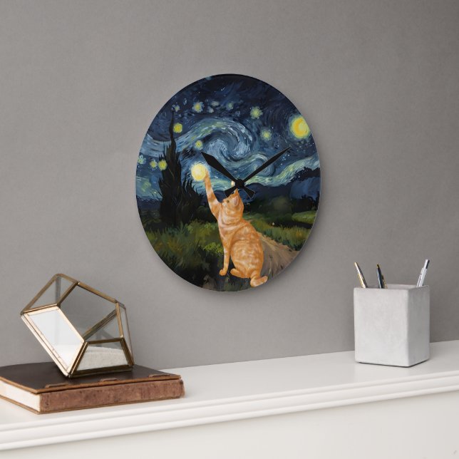 Gogh Kattunge Starry Night Cat Stor Klocka (Kontor)