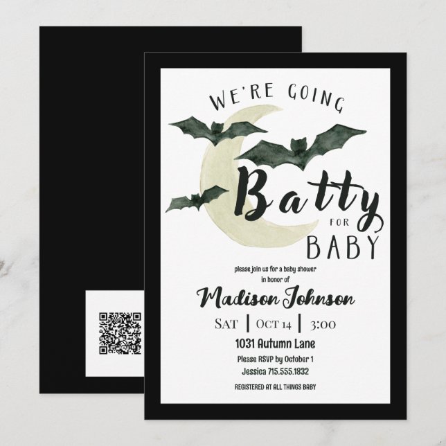 Going Batty For Baby October Baby Shower QR Code Inbjudningar (Fram/baksida)