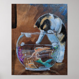 "Going Fishing", katt och Sjöjungfru vismiskt Poster