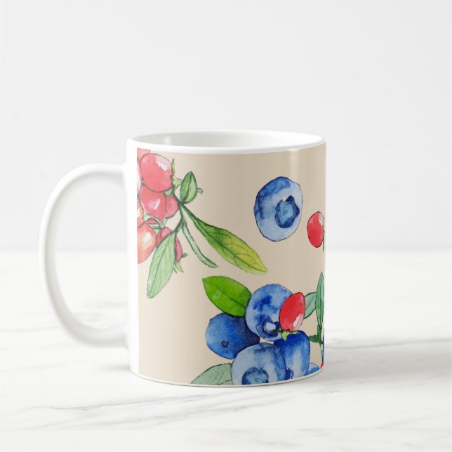 Goji, blåbär: vattenfärgsillustration mönster. kaffemugg (Vänster)