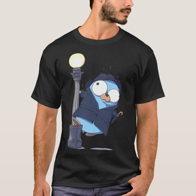 Golang Gopher går och sjunger in i regnet utan bac T Shirt (Framsida)
