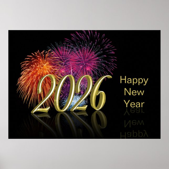 Gold 2026 Fireworks Happy New Year Poster (Framsidan)
