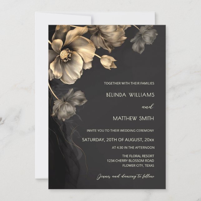 Gold 3 D Flowers Black Wedding Invitation Inbjudningar (Framsida)