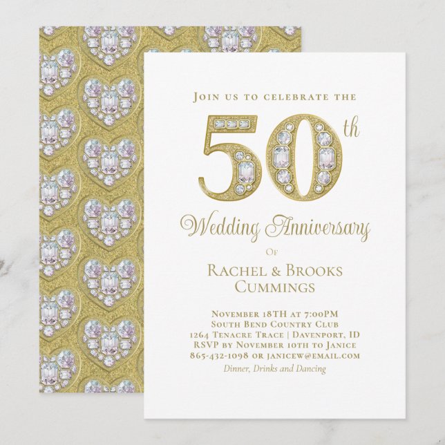 Gold 50th Anniversary Party Invitation Julkort (Fram/baksida)