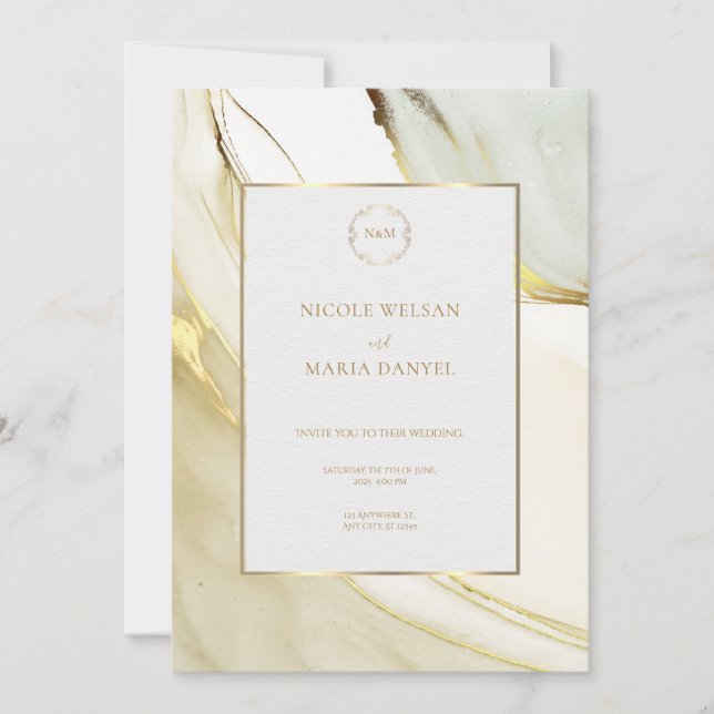 Gold Alcohol Ink White Chic Wedding Invitation Inbjudningar (Framsida)