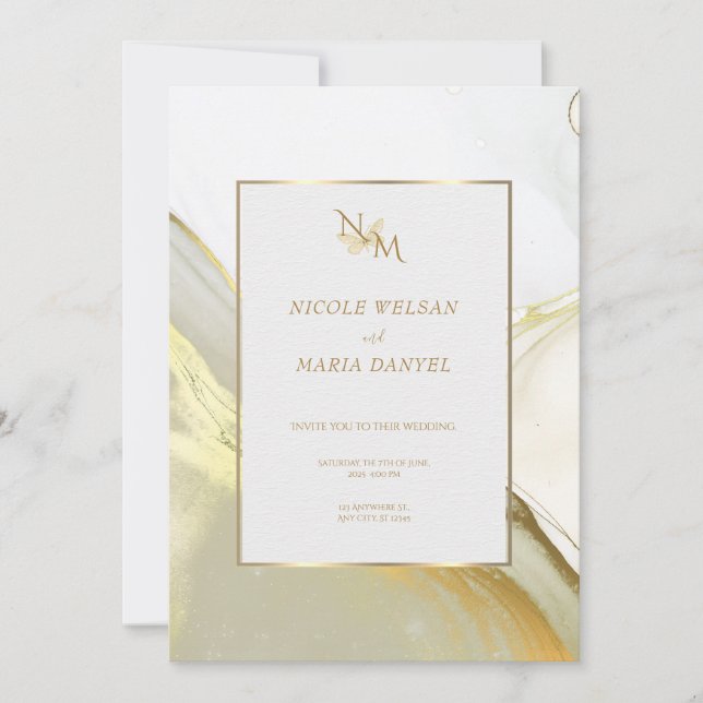 Gold Alcohol Ink White Elegant Wedding Invitation Inbjudningar (Framsida)