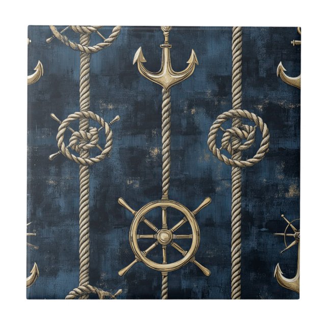 Gold Anchor & Helm Nautical Pattern Kakelplatta (Framsidan)