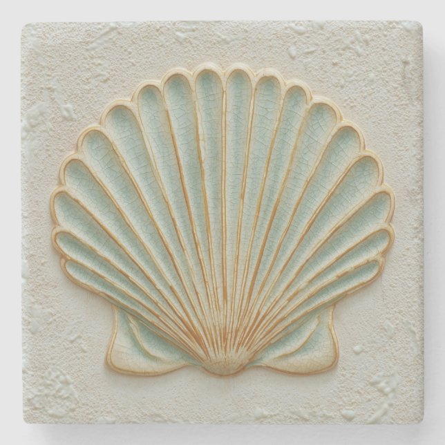 Gold and Aqua Scallop Shell Coastal Stenunderlägg (Framsidan)