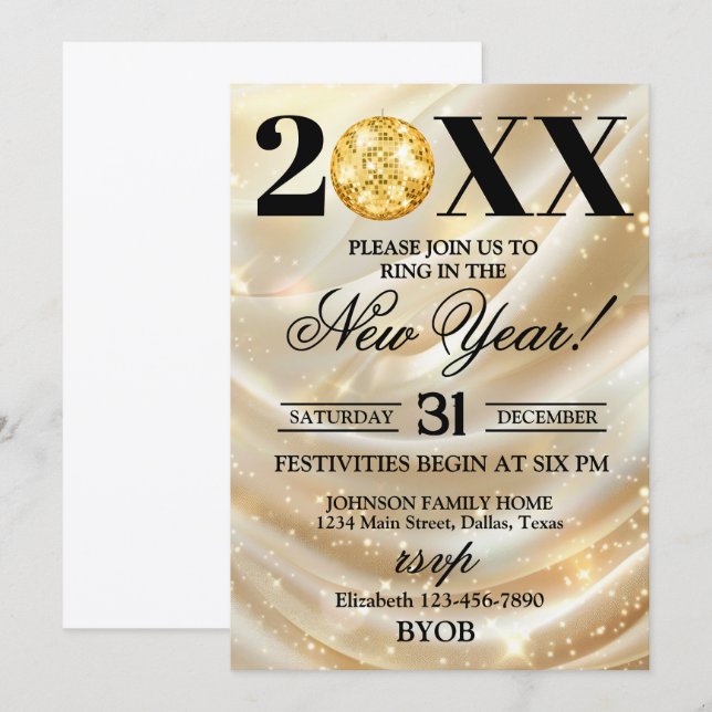 Gold and Black 2026 New Years Eve Party Invitation Inbjudningar (Fram/baksida)