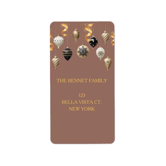 Gold and Black Christmas Baubles Adressetikett (Framsidan)