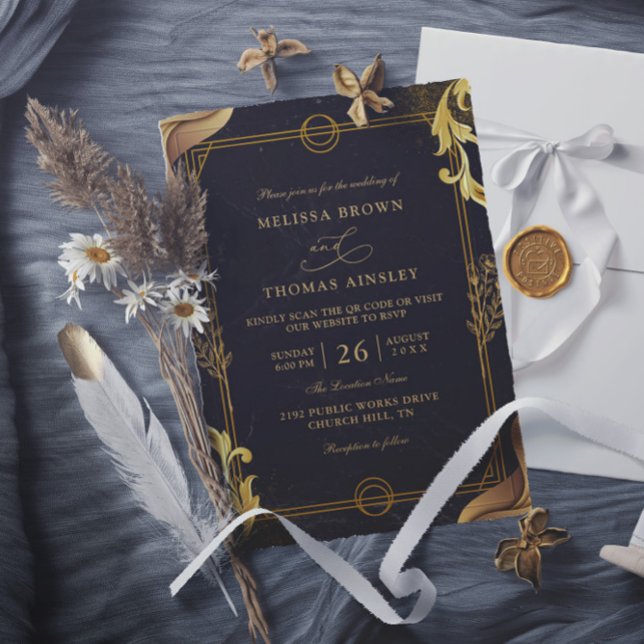 Gold and Black Elegant Budget QR Code Wedding Inbjudningar (Skapare uppladdad)