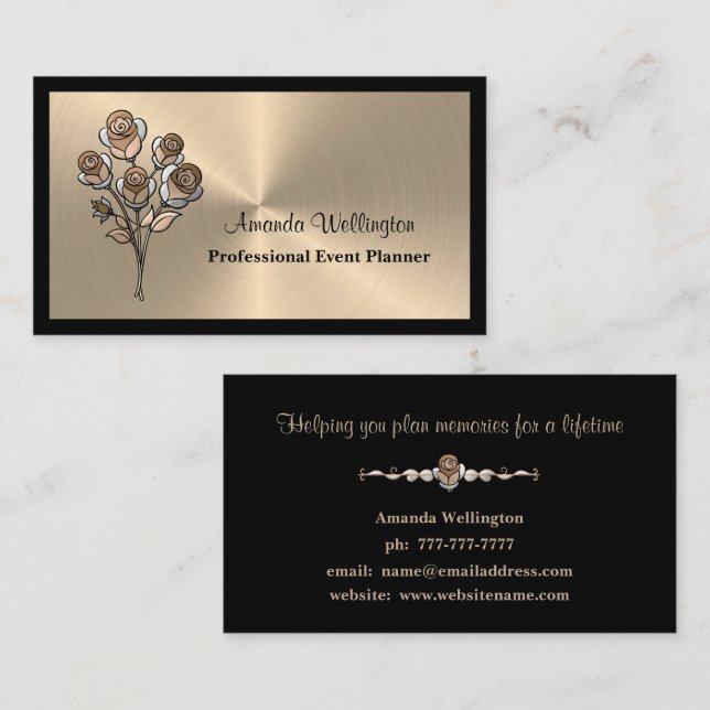 Gold and Black Floral Event Planner Business Card Visitkort (Fram/baksida)