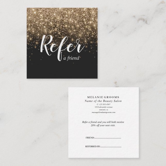 Gold And Black Glitter Elegant Refer A Friend  Rabattkort (Fram/baksida)
