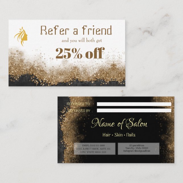 Gold and black   Salon Referral Card Tidsbeställning Kort (Fram/baksida)
