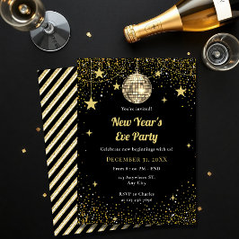 Gold and Black Stars Confetti New Year's Eve Party Inbjudningar