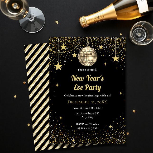 Gold and Black Stars Confetti New Year's Eve Party Inbjudningar (Skapare uppladdad)