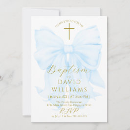 Gold and Blue Bow Boy Baptism Elegant Digital Inbjudningar
