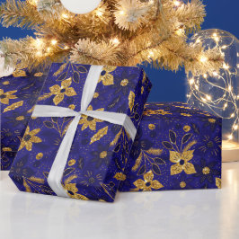 Gold and Blue Christmas Poinsettia Flowers Presentpapper