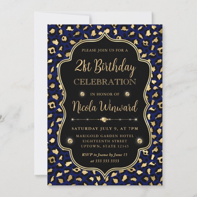Gold and Blue Leopard Print Birthday Party Inbjudningar (Framsida)