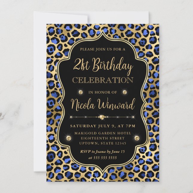Gold and Blue Leopard Print Birthday Party Inbjudningar (Framsida)