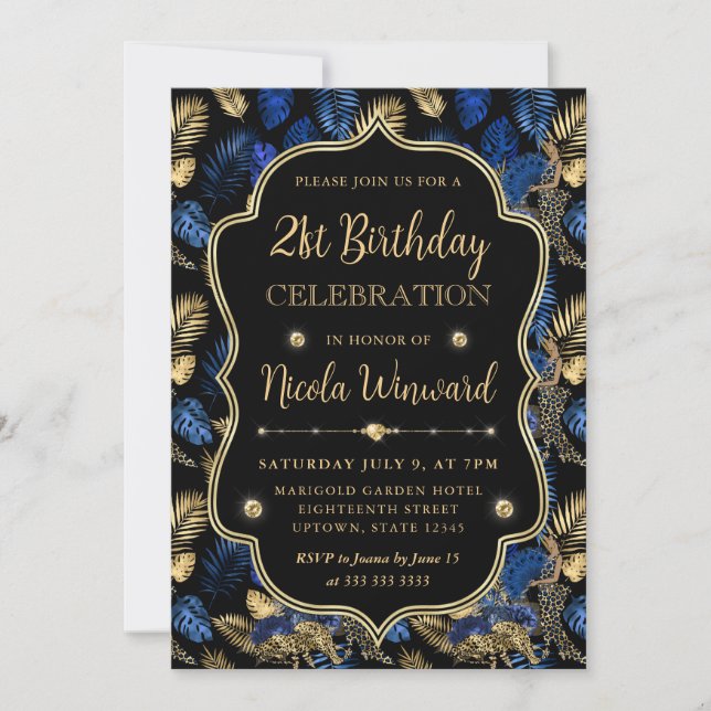 Gold and Blue Leopard Print Birthday Party Inbjudningar (Framsida)