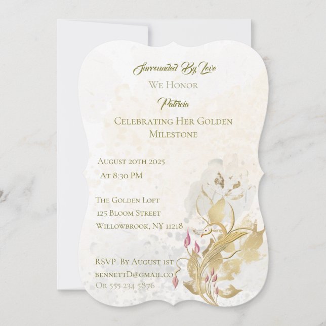 Gold and Blush Floral 50th Birthday Invitation  Inbjudningar (Framsida)