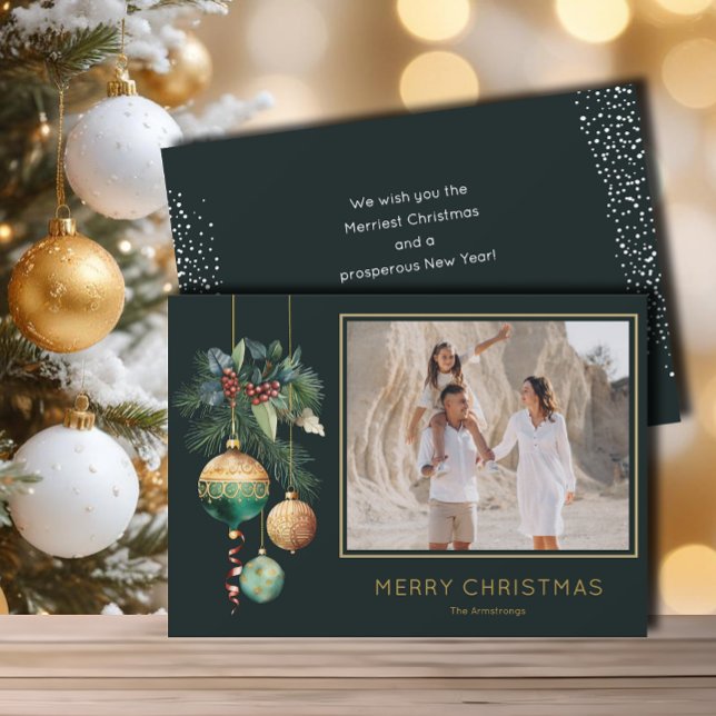 Gold and Green Christmas Ornaments Photo Julkort (Chic green and gold Christmas tree ornaments flat photo holiday greeting cards)