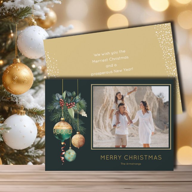 Gold and Green Christmas Ornaments Photo Julkort (Chic green and gold Christmas tree ornaments flat photo holiday greeting cards)