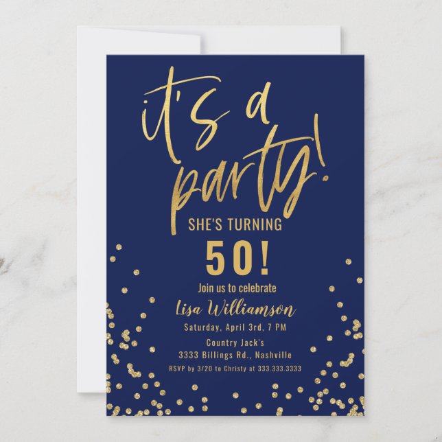 Gold and Navy Blue 50th Birthday Party Invitation Inbjudningar (Framsida)