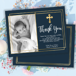 Gold and Navy Blue Baptism Photo Thank You Cards Tack Kort