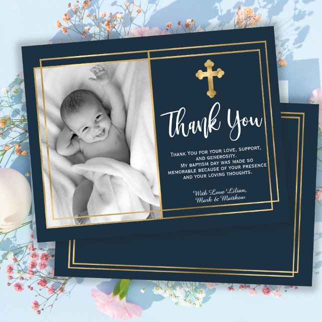 Gold and Navy Blue Baptism Photo Thank You Cards Tack Kort (Skapare uppladdad)