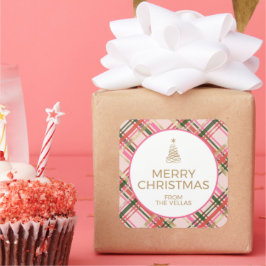 Gold and pink Christmas plaid Fyrkantigt Klistermärke