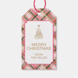Gold and pink Christmas plaid Presentetikett