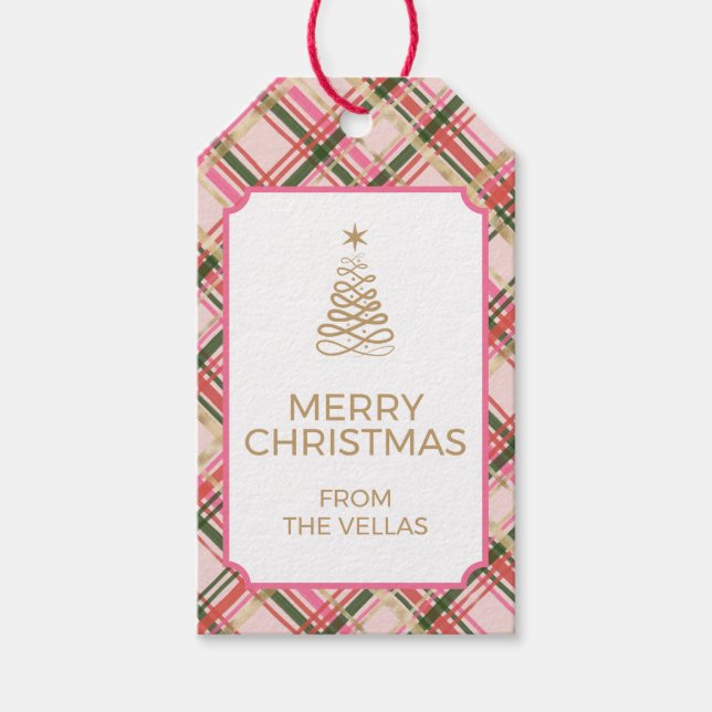 Gold and pink Christmas plaid Presentetikett (Framsidan)