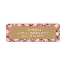 Gold and pink Christmas plaid return address
