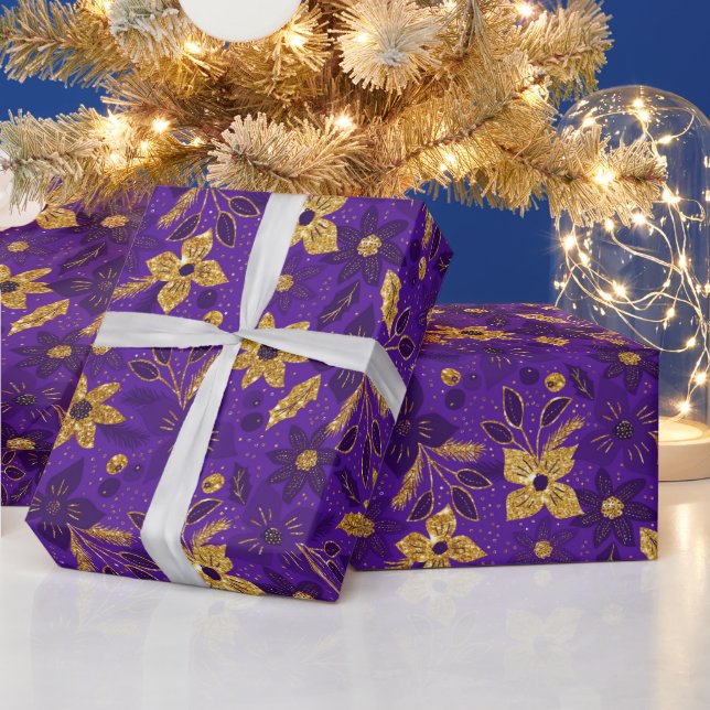 Gold and Purple Christmas Poinsettia Flowers Presentpapper (Helgdagar)