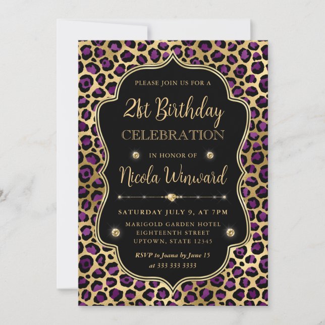 Gold and Purple Leopard Print Birthday Party Inbjudningar (Framsida)