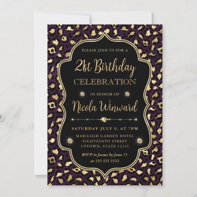 Gold and Purple Leopard Print Birthday Party Inbjudningar (Framsida)