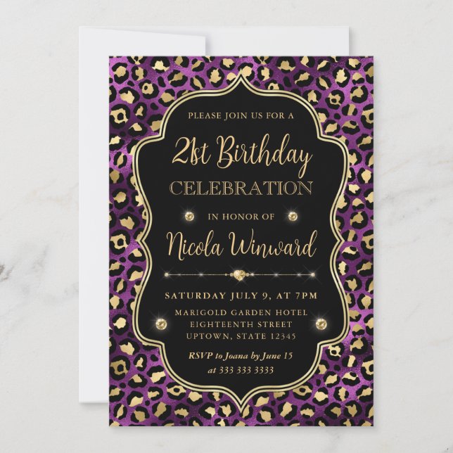 Gold and Purple Leopard Print Birthday Party Inbjudningar (Framsida)