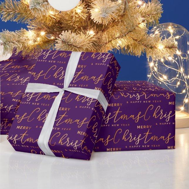 Gold and Purple Merry Christmas Word Art Presentpapper (Helgdagar)