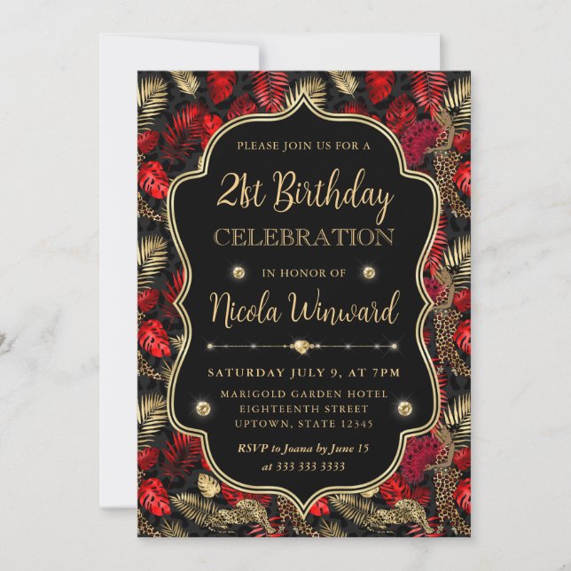 Gold and Red Leopard Print Birthday Party Inbjudningar (Framsida)
