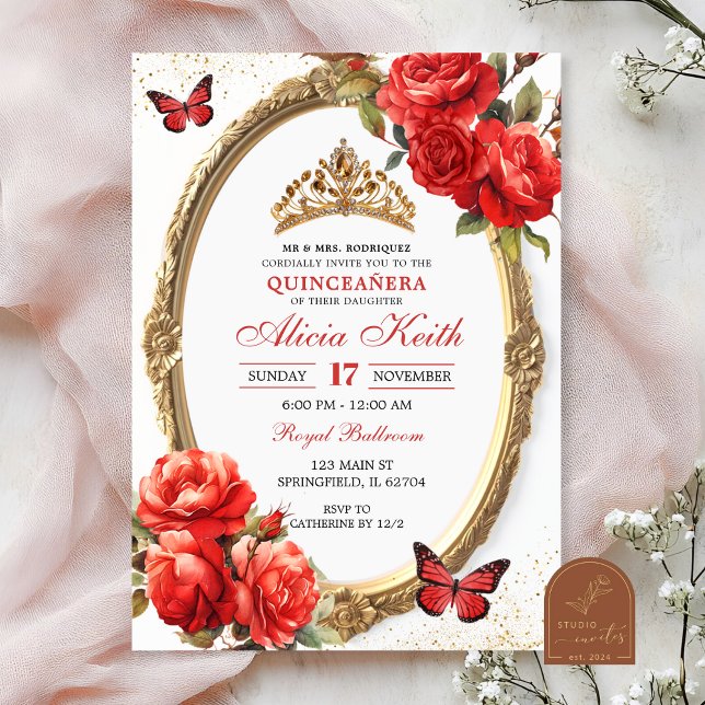 Gold and Red Roses Gold Quinceanera Invitation Inbjudningar (Skapare uppladdad)