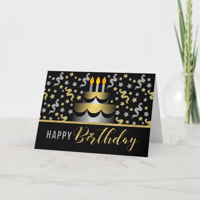 Gold and Silver Faux Glitter on Black with Cake Kort (Framsida)