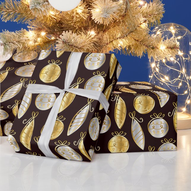 Gold And Silver Tree Ornaments Wrapping Paper Presentpapper (Helgdagar)