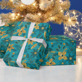 Gold and Teal Blue Christmas Poinsettia Flowers Presentpapper