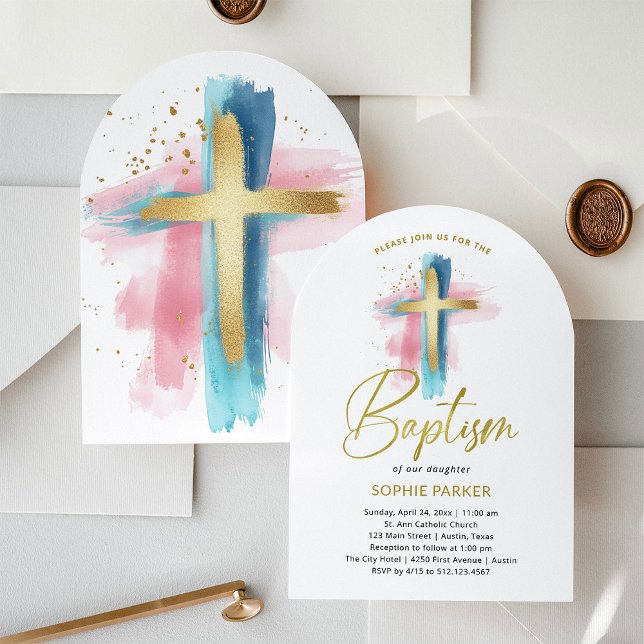 Gold and Watercolor Cross | Baptism Inbjudningar (Skapare uppladdad)