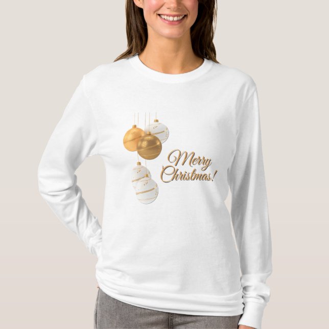 Gold and White Christmas Balls Custom Text T Shirt (Framsida)