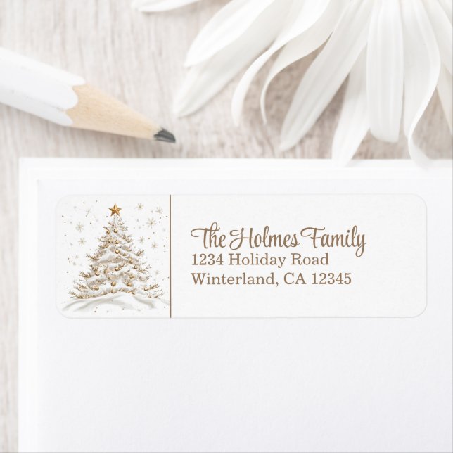 Gold and White Christmas Tree Return Address Returadress Etikett (Insitu)